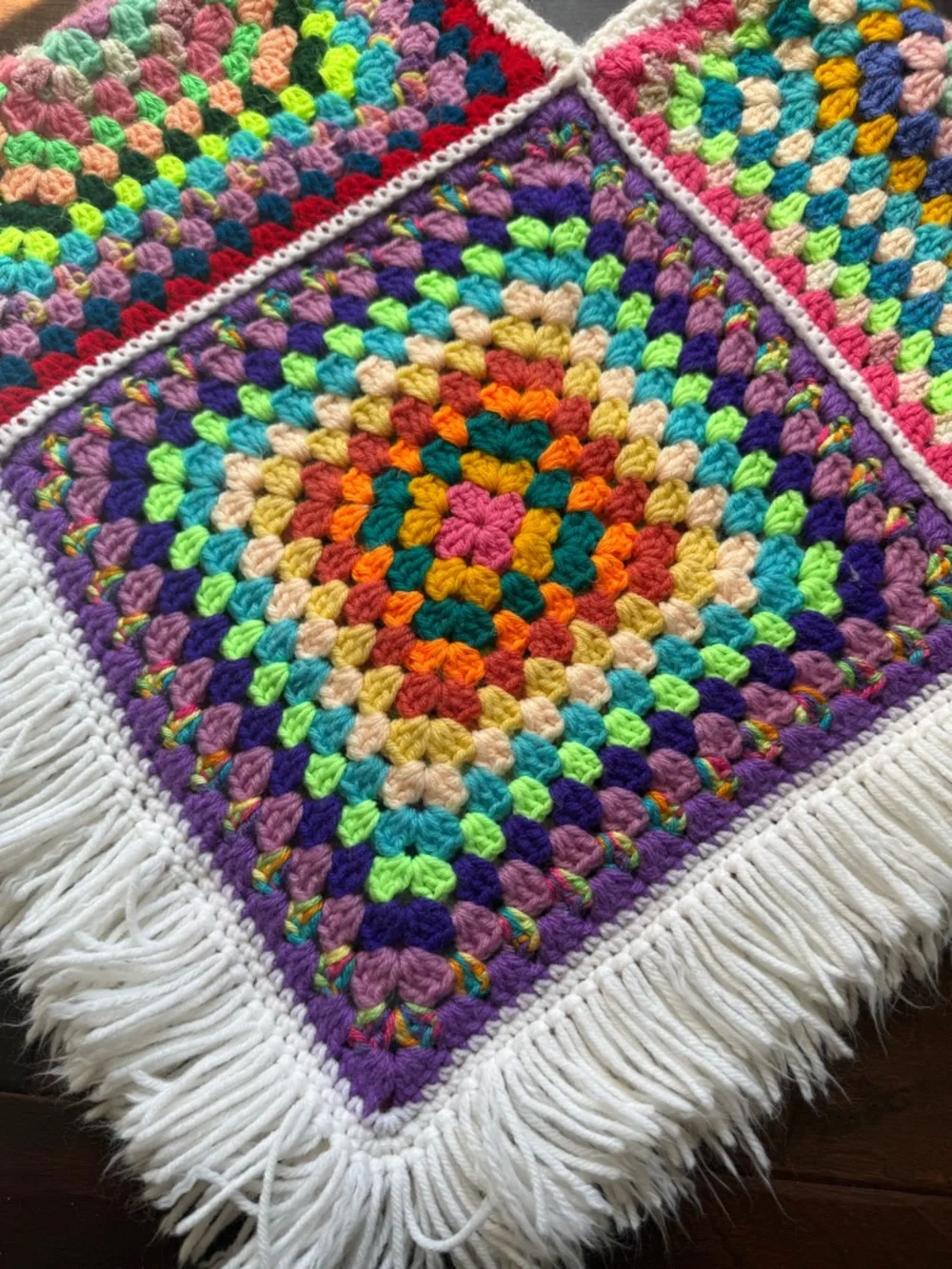 Handmade Granny Square Multicolor Crochet Poncho with Fringe - Picture 5 of 5